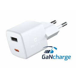 Swissten Mini síťový adaptér GaN 1x USB-C + 1xUSB 30W power delivery