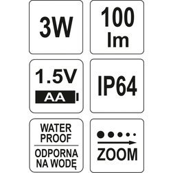 Svítilna kapesní voděodolná IP64, fce ZOOM, 110lm, 1xAA, 100x25mm
