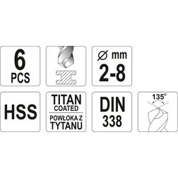 Sada vrtáků do železa HSS-TiN 6ks 2-8mm