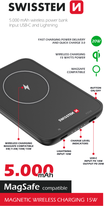 SWISSTEN POWER BANK FOR IPHONE 12 (MagSafe compatible) 5000 mAh